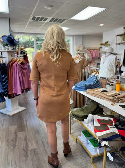 Faux Suede Button Front Dress -  Caramel