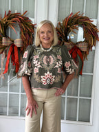 Suede Puff Sleeve Embroidered Flower Top - Olive