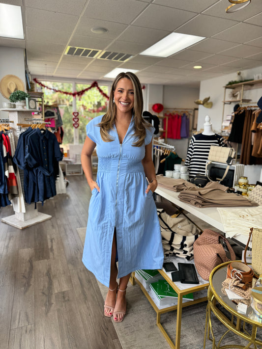 Smocked Waist Dress - Powder Blue