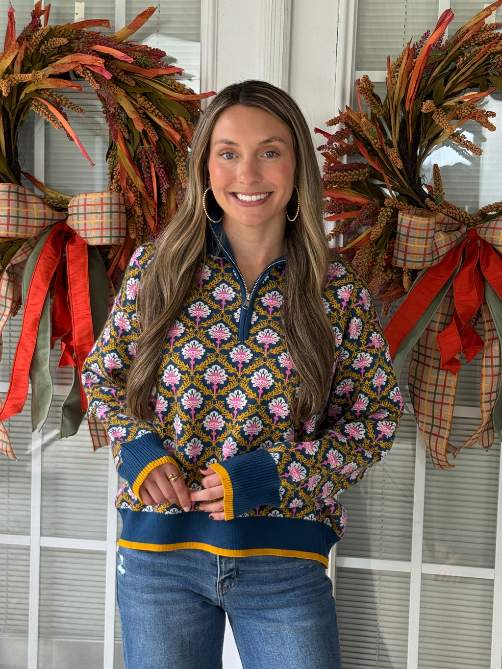 Floral Mock Neck Half Zip