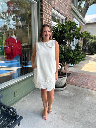 3D Floral Appliqué Sleeveless Shift Mini Dress - KJ Clothier