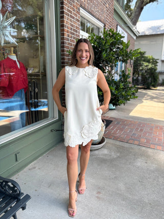 3D Floral Appliqué Sleeveless Shift Mini Dress - KJ Clothier