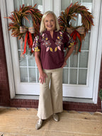 Puff Sleeve Embroidery Detail V-Neck Top - Wine