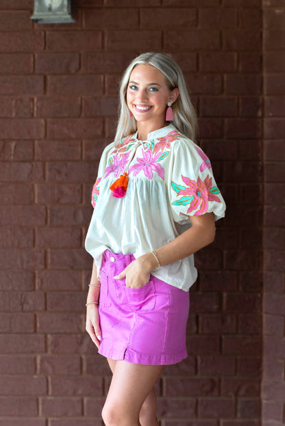Bouquet Embroidered Sleeve Top - Cream
