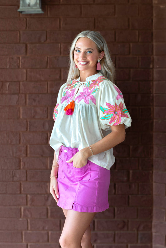 Bouquet Embroidered Sleeve Top - Cream