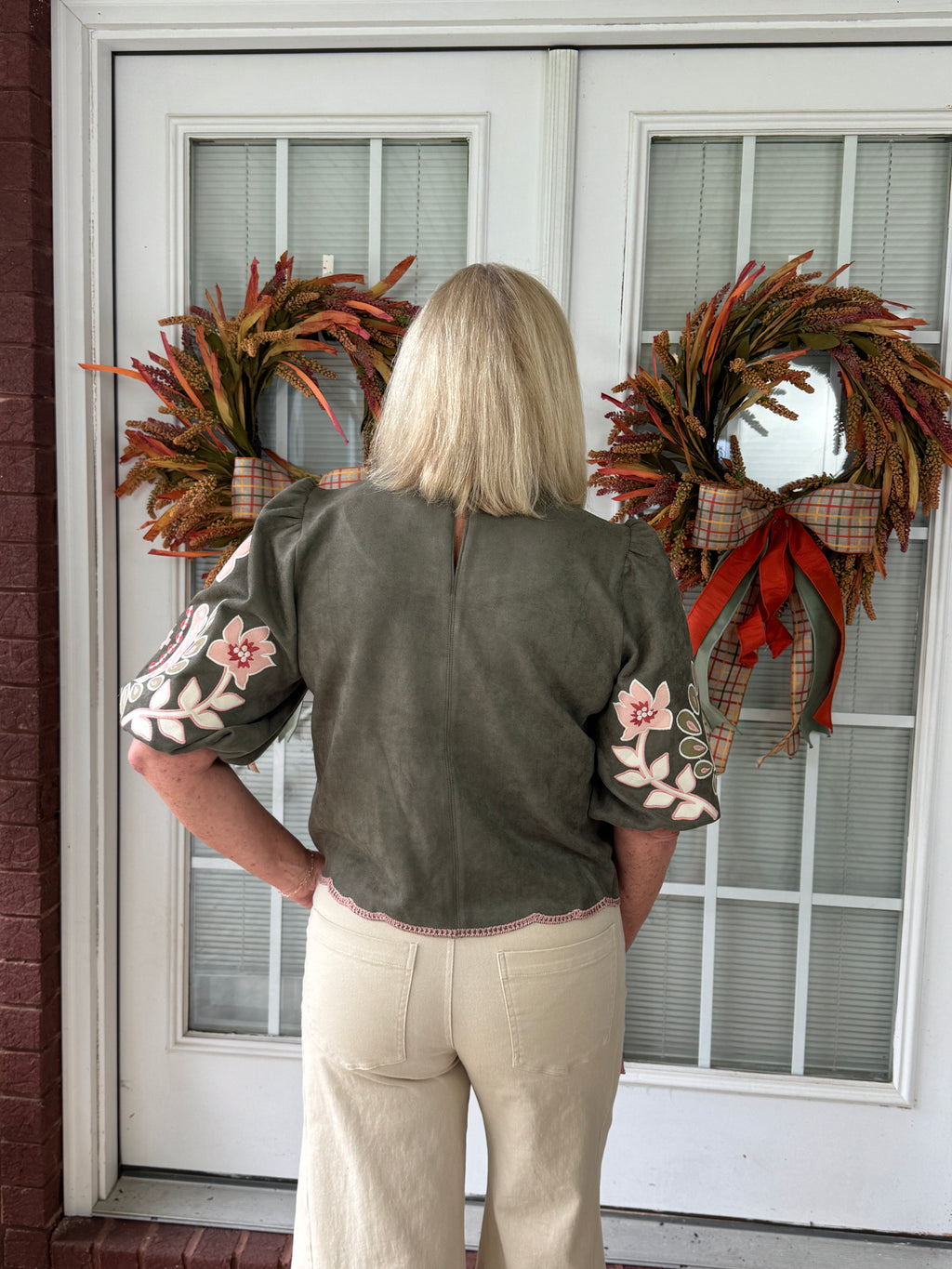 Suede Puff Sleeve Embroidered Flower Top - Olive