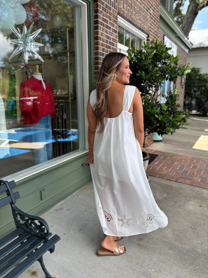 Embroidered Maxi Dress with Floral Shoulder Accents - Off White