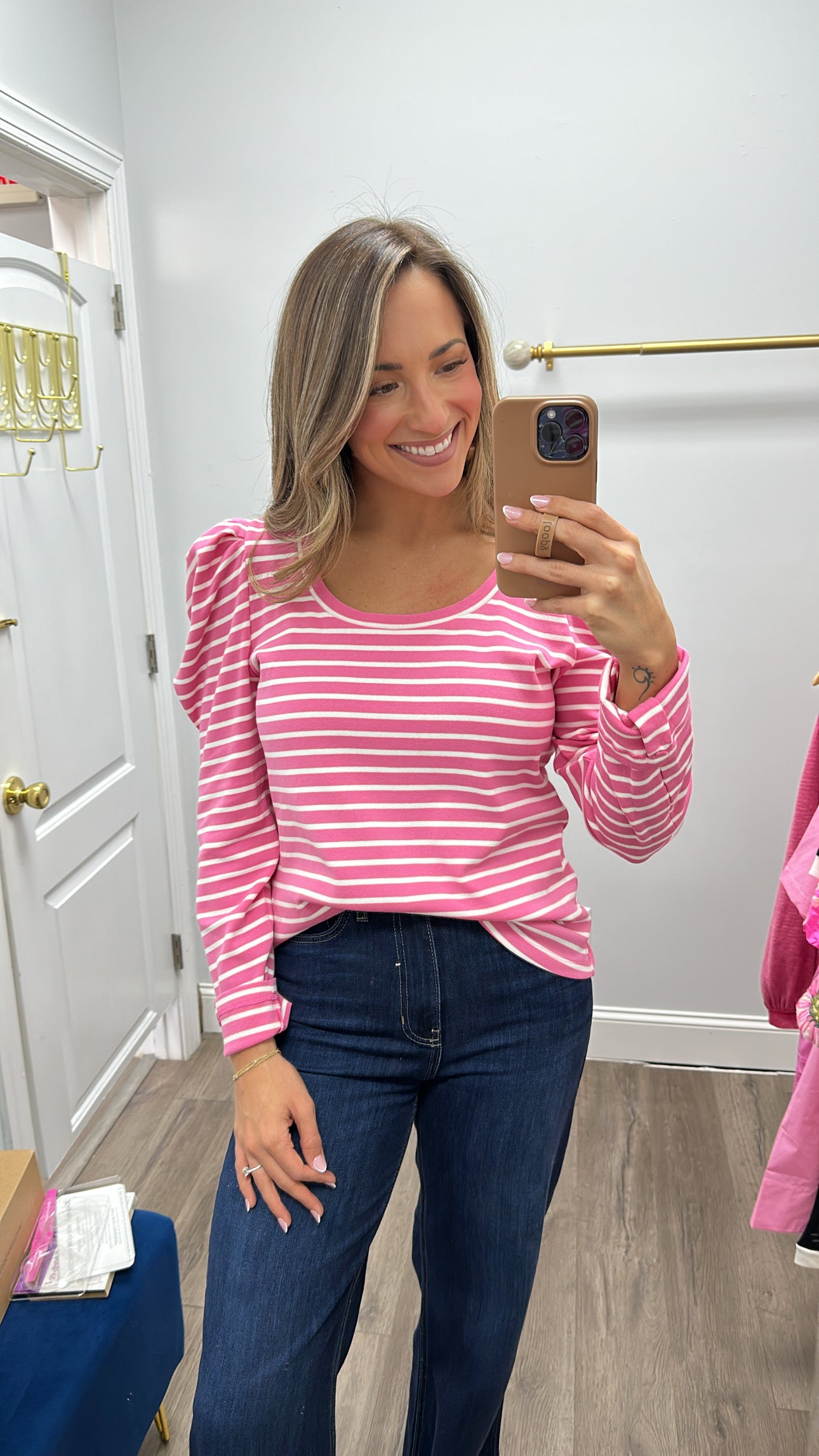 Puff Sleeve Knit Top Long Sleeve - Pink & White