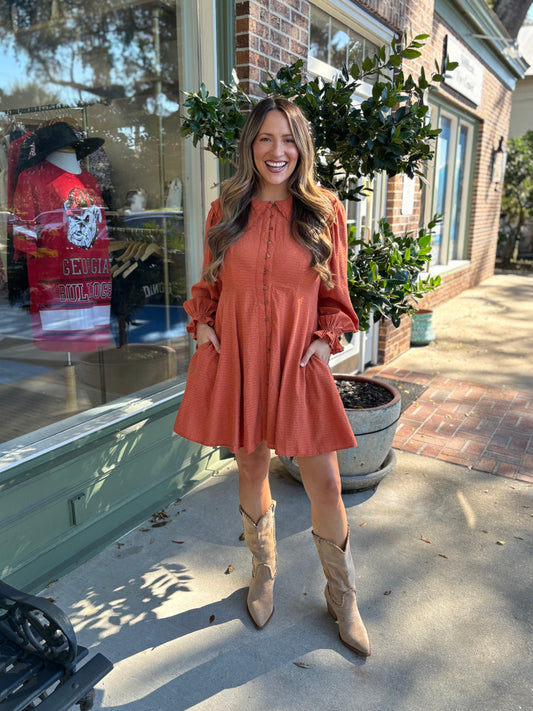 Doll Collared Button Down Dress - Rust