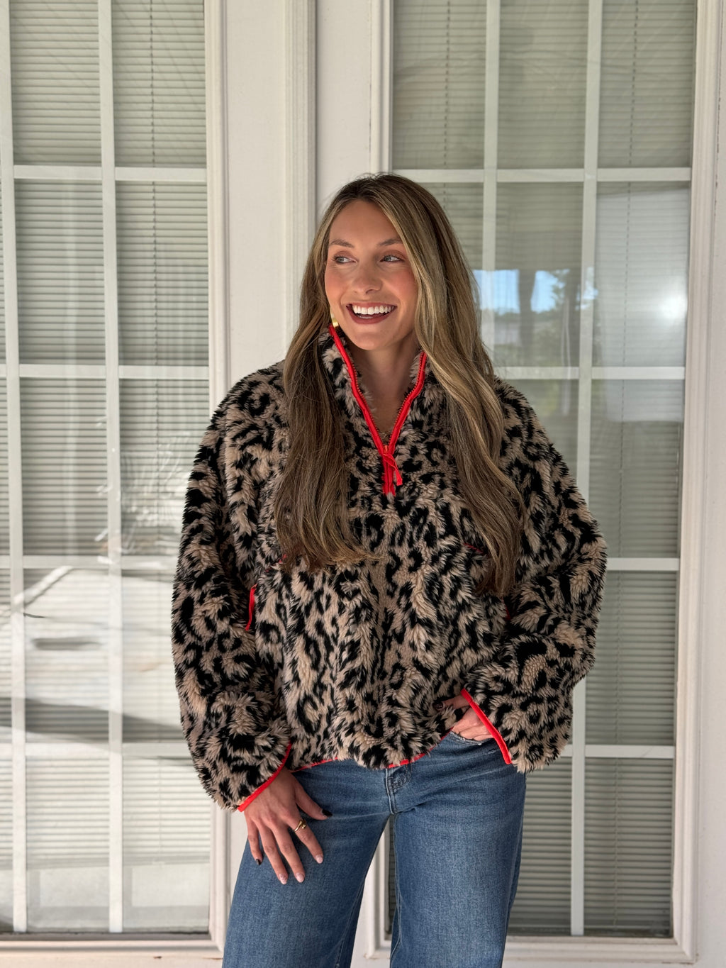 Faux Fur Leopard Half Zip Pullover Jacket