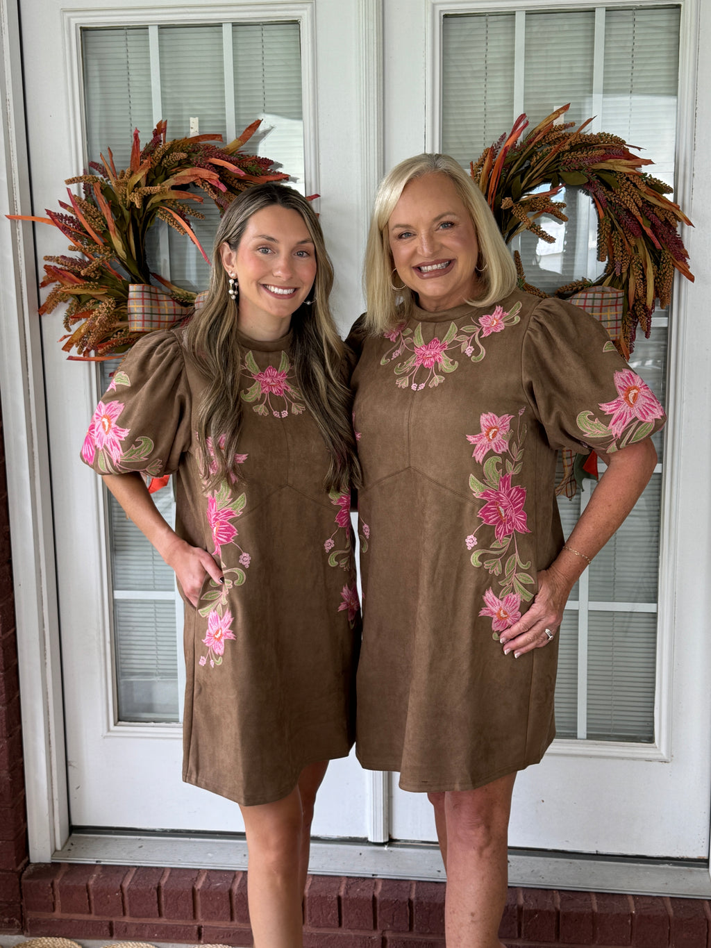 Suede Floral Embroidered Dress - Brown