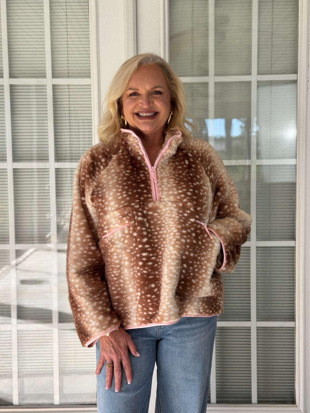 Deer Print Faux Fur Half-Zip Jacket