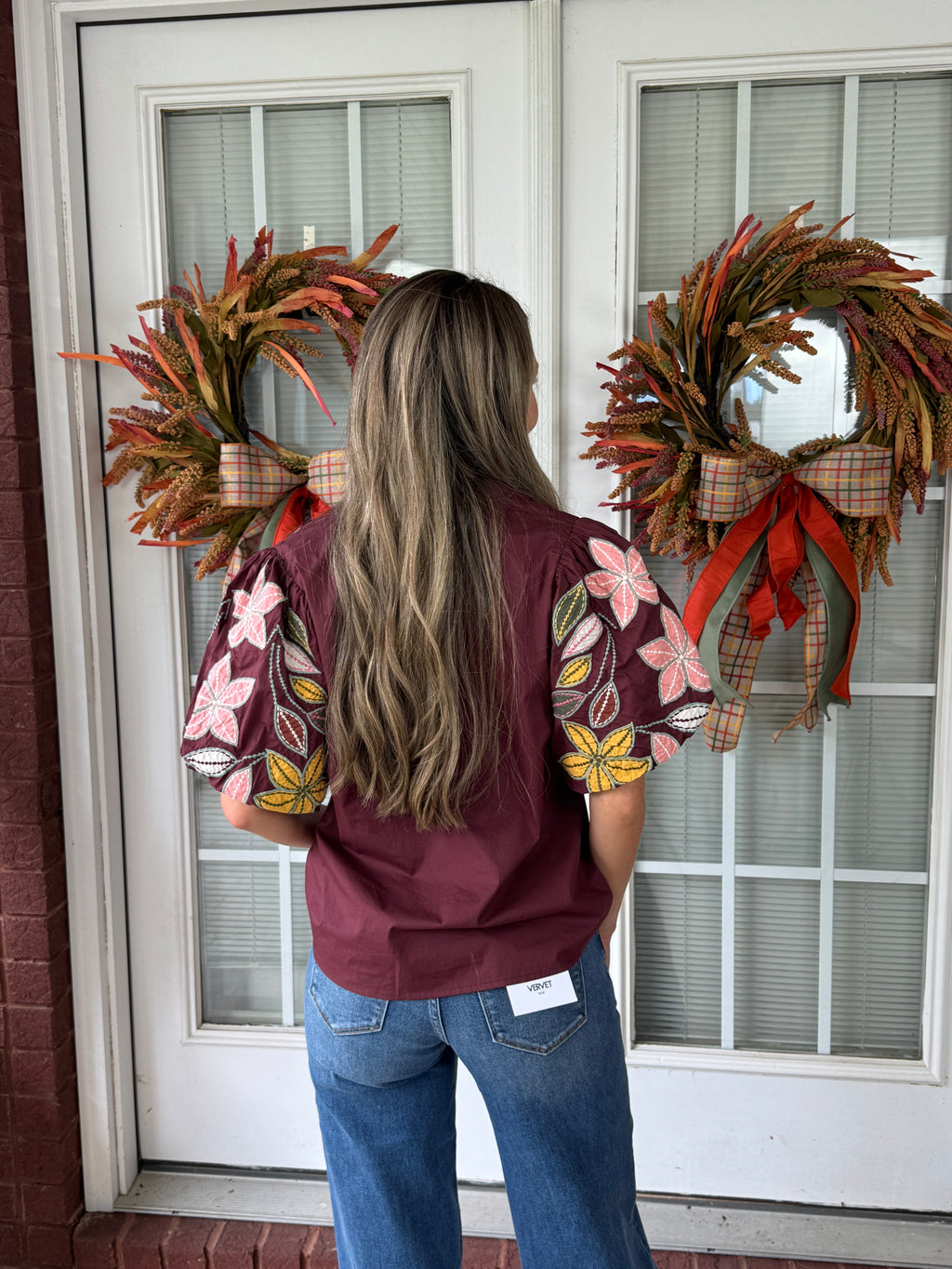 Puff Sleeve Embroidery Detail V-Neck Top - Wine