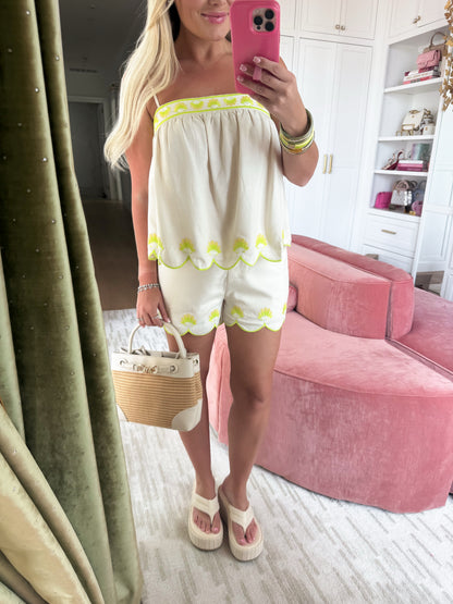 Seashell Embroidery Scalloped Cami Top - Ecru