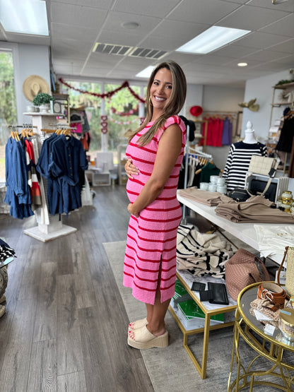 Sleeveless Textured Stripe Dress - Pink & Red