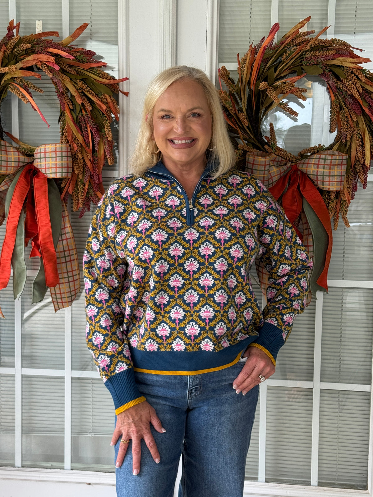 Floral Mock Neck Half Zip