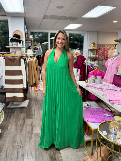 Lavish Pleated Halter Maxi - Kelly Green