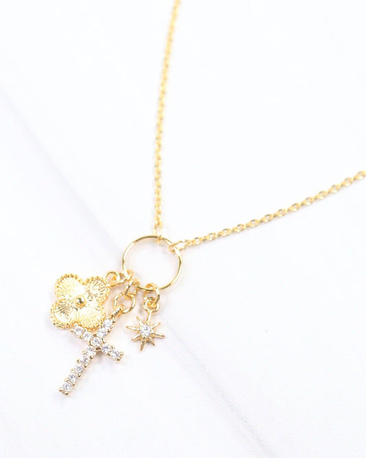 Cassel Cross and Clover Charm Necklace - Gold