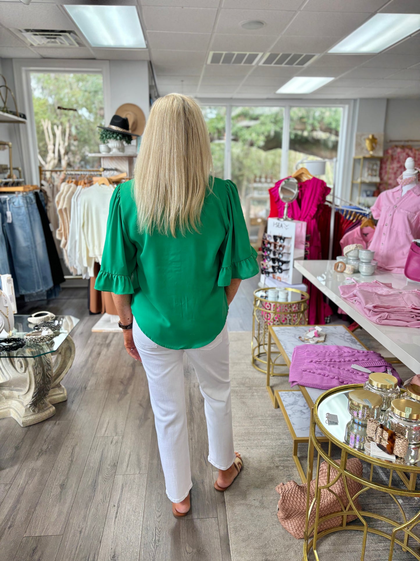 Ruffle Sleeve Button Down Blouse - Green