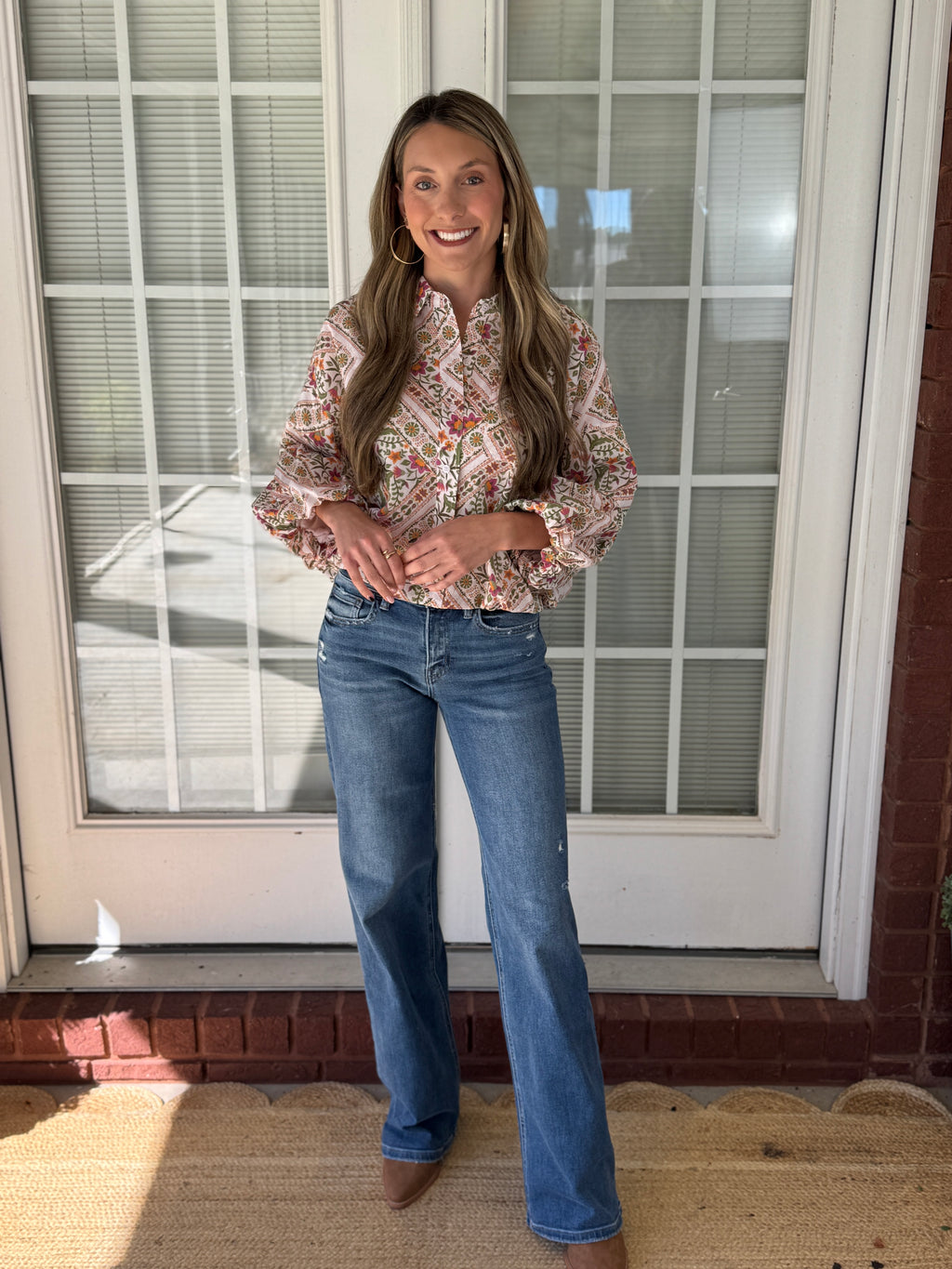 Fall Floral Print Bubble Sleeve & Hem Top