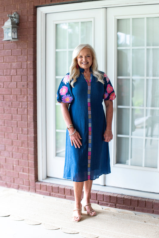 Priscilla Embroidered Midi Dress - Navy