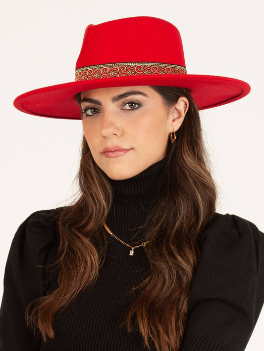 Women's Vegan felt Rancher hat with brocade trim in red