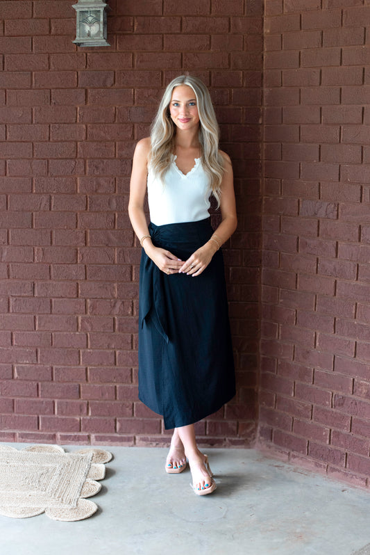 Faux Wrap Maxi Skirt - Black