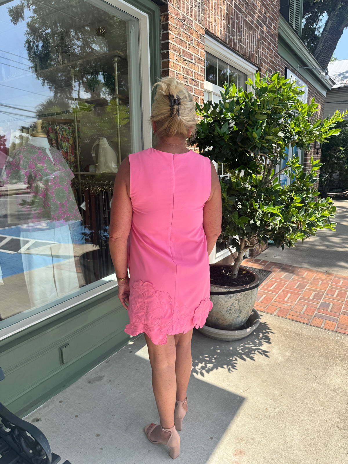 3D Floral Appliqué Sleeveless Shift Mini Dress - Bubblegum Pink