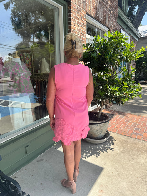 3D Floral Appliqué Sleeveless Shift Mini Dress - Bubblegum Pink