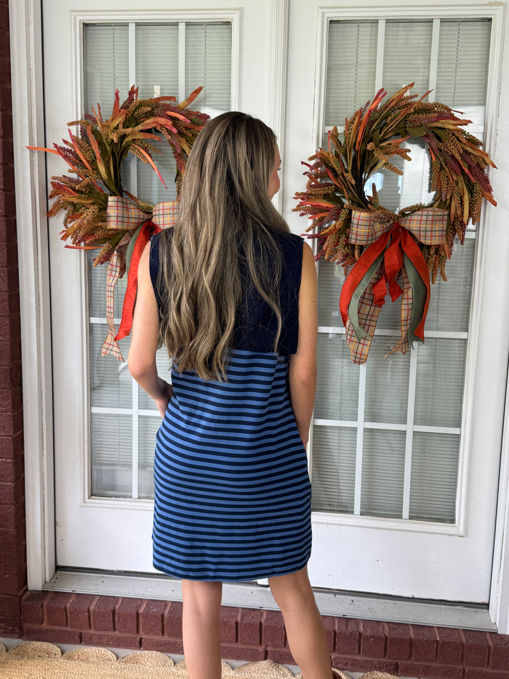 Faux Sweater Shoulder Striped Sleeveless Dress - Navy