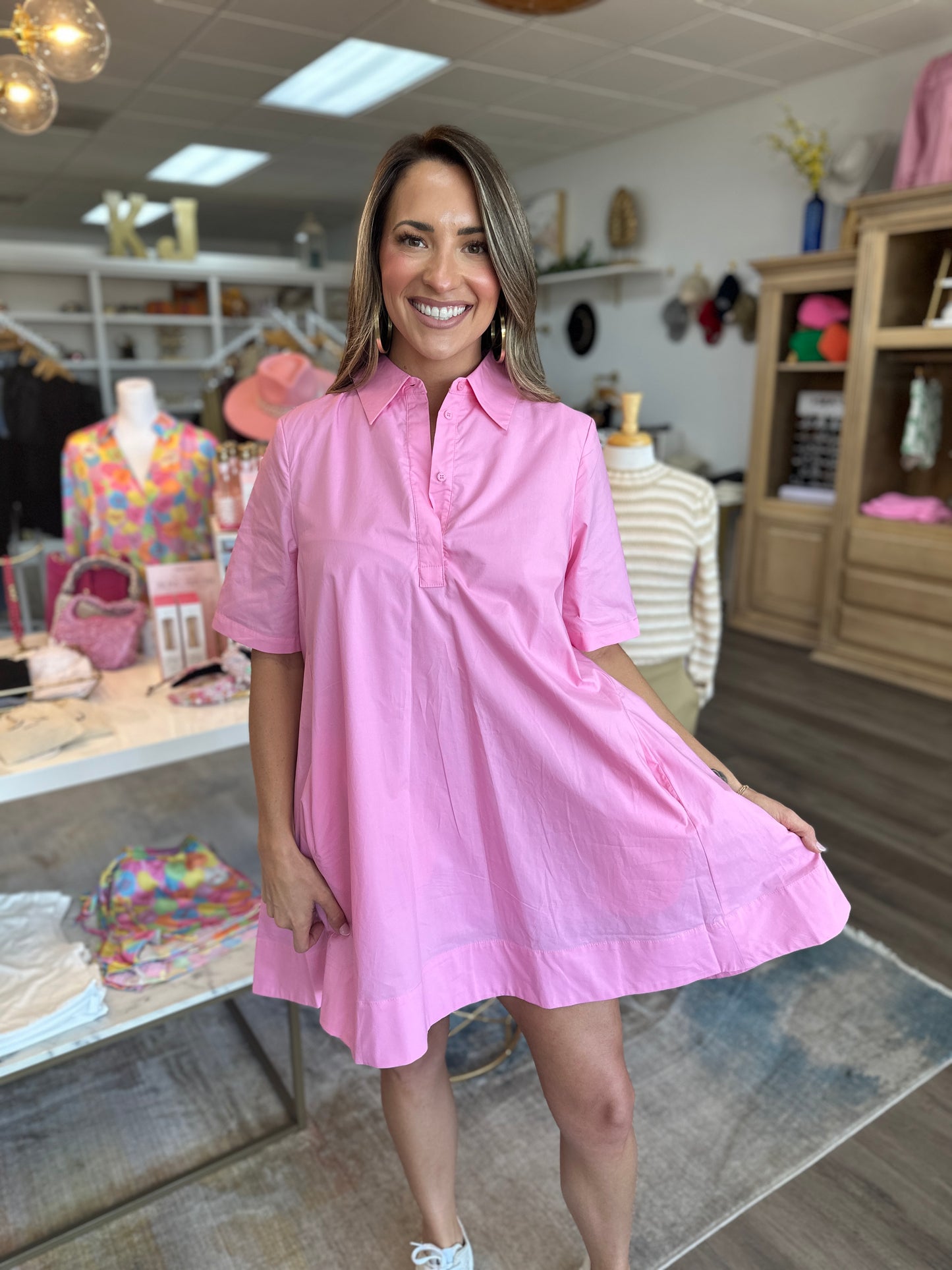 A-Line Short Sleeve Shirt Dress - Pink