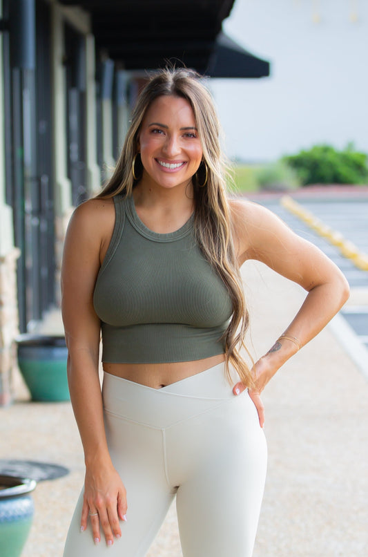 Vintage Ribbed High Neck Crop Top - Vintage Secret Moss - ONE SIZE