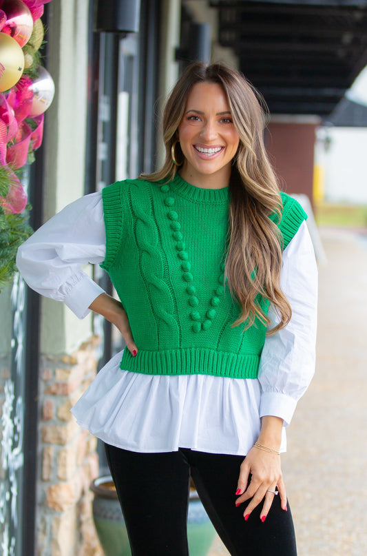 Cable Sweater Vest Poplin Top - Green