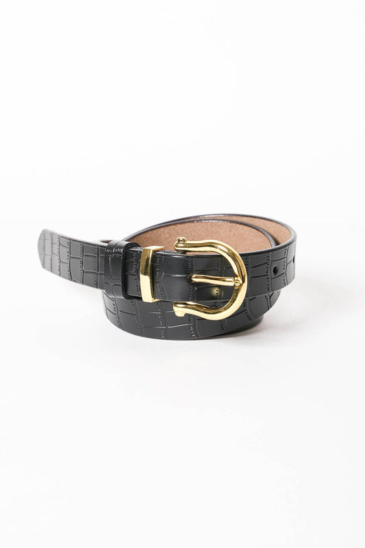 Faux Alligator Skin Leather Belt - Black