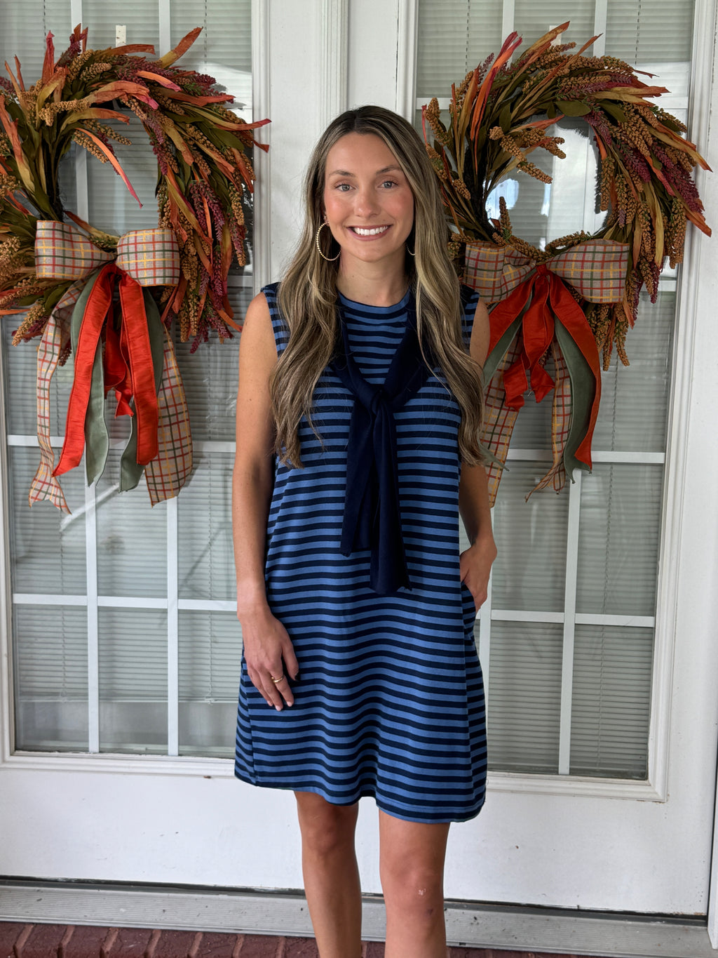 Faux Sweater Shoulder Striped Sleeveless Dress - Navy