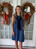 Faux Sweater Shoulder Striped Sleeveless Dress - Navy