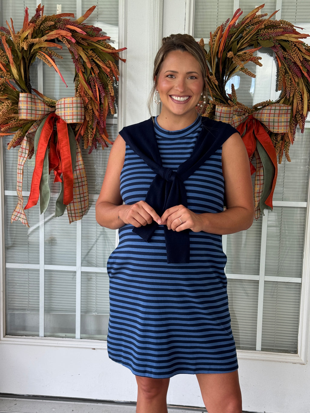 Faux Sweater Shoulder Striped Sleeveless Dress - Navy
