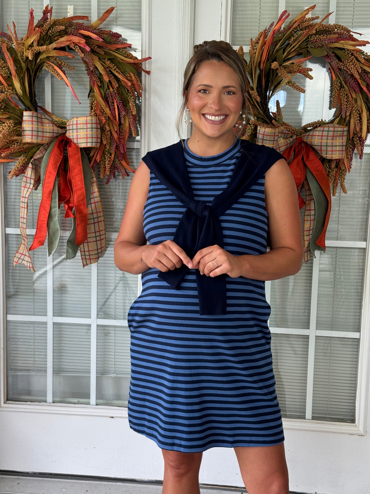 Faux Sweater Shoulder Striped Sleeveless Dress - Navy