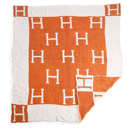 Initial Monogram H Patterned Reversible Throw Blanket - Orange