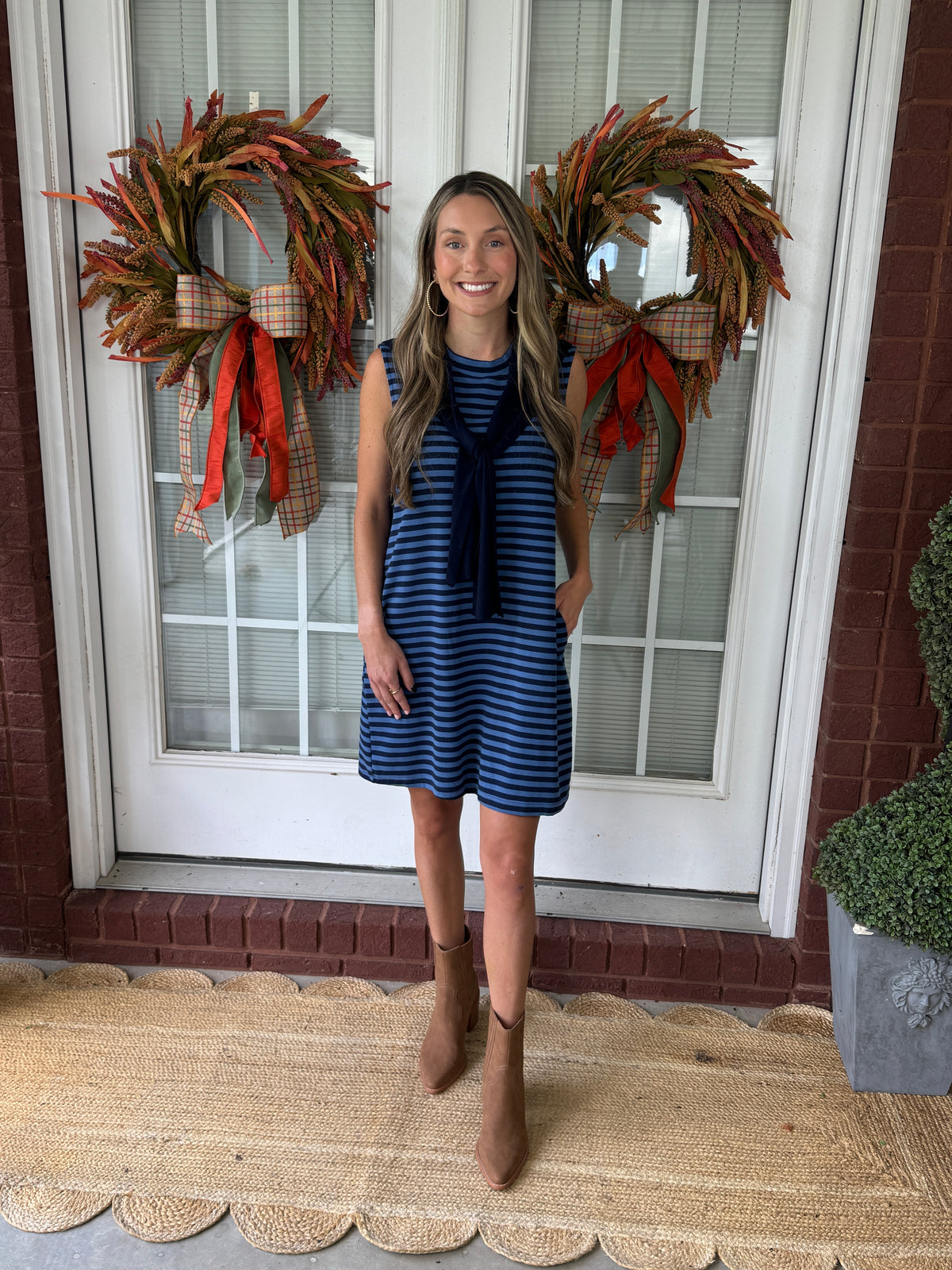 Faux Sweater Shoulder Striped Sleeveless Dress - Navy