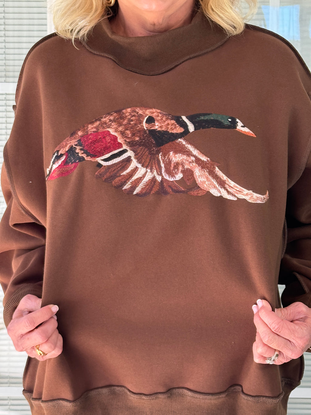 Mallard Fully Embroidered Mock-Neck Sweatshirt - Brown