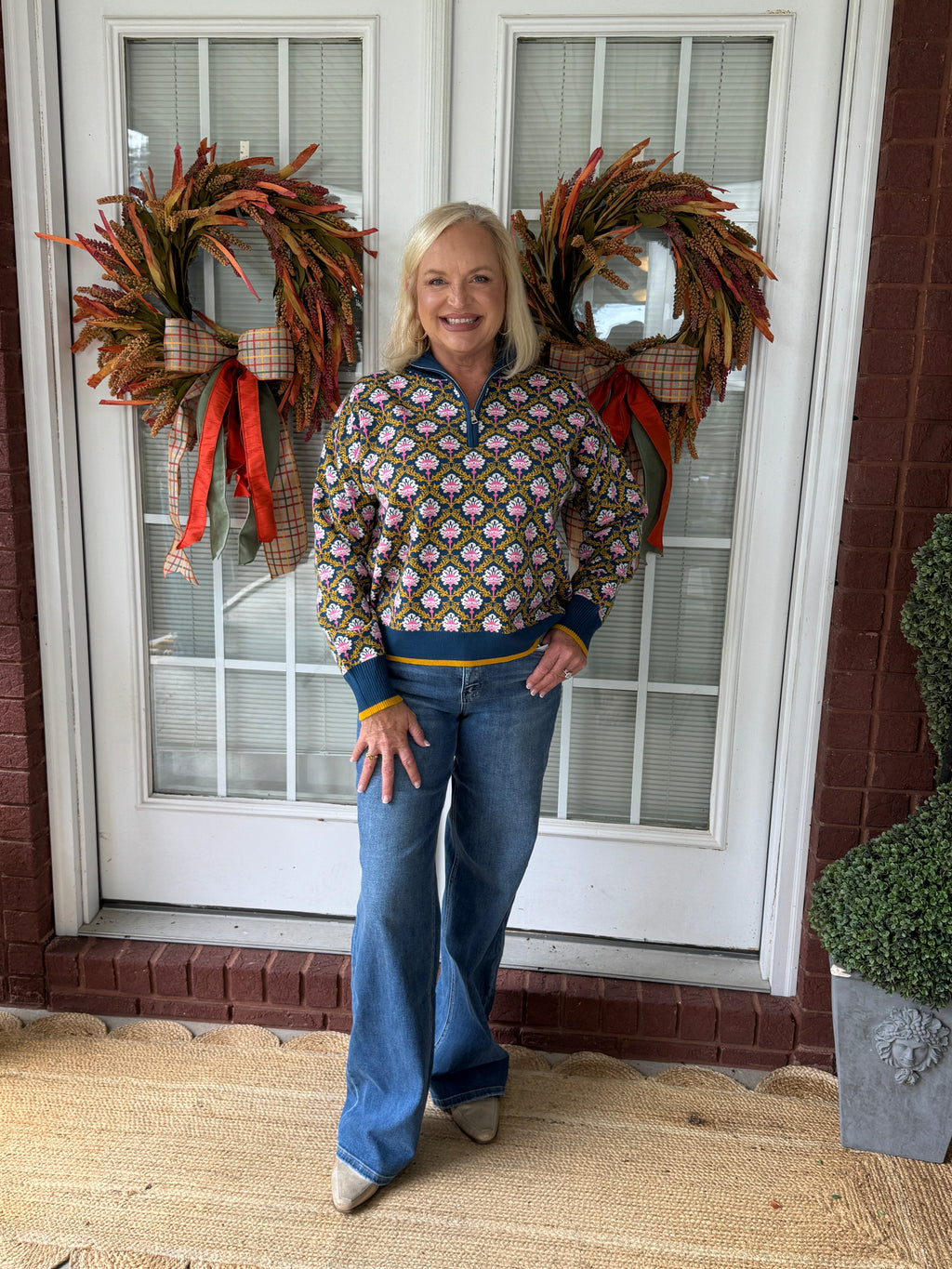 Floral Mock Neck Half Zip