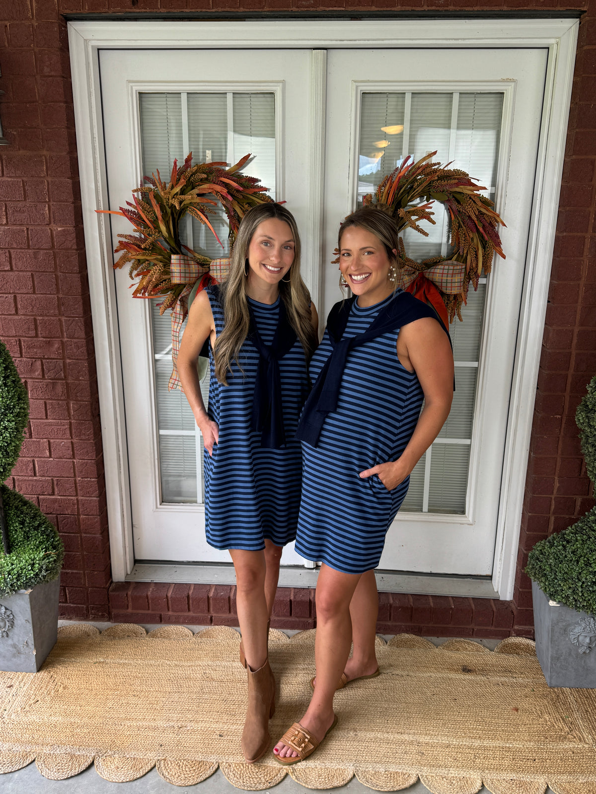 Faux Sweater Shoulder Striped Sleeveless Dress - Navy