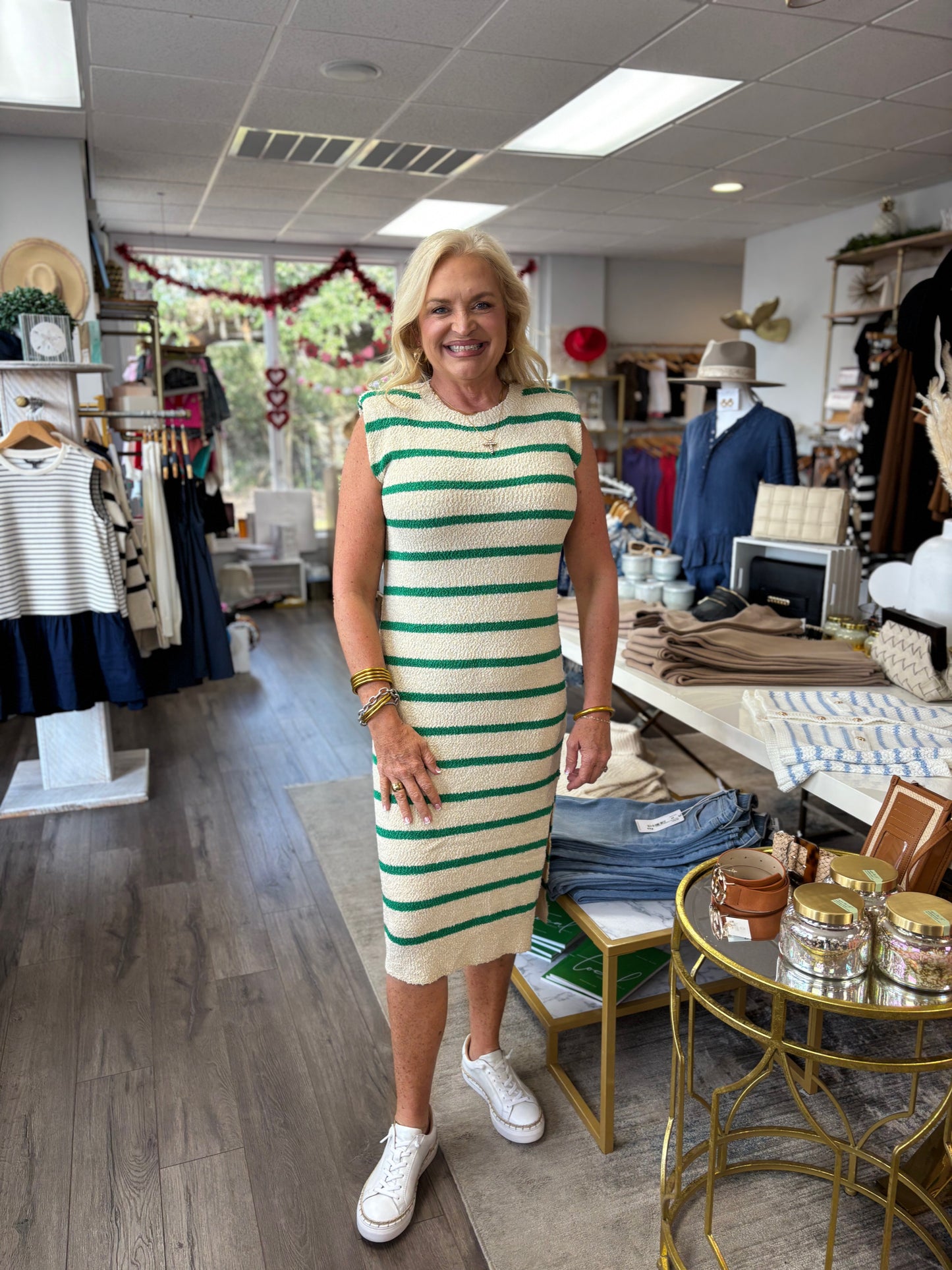 Sleeveless Textured Stripe Dress - Green & Cream