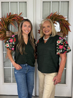 Floral Embroidered Puff Sleeve V-Neck Top - Green