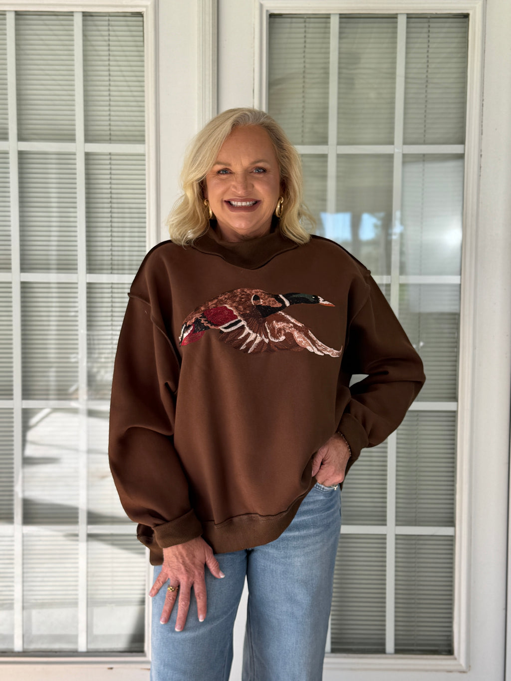 Mallard Fully Embroidered Mock-Neck Sweatshirt - Brown