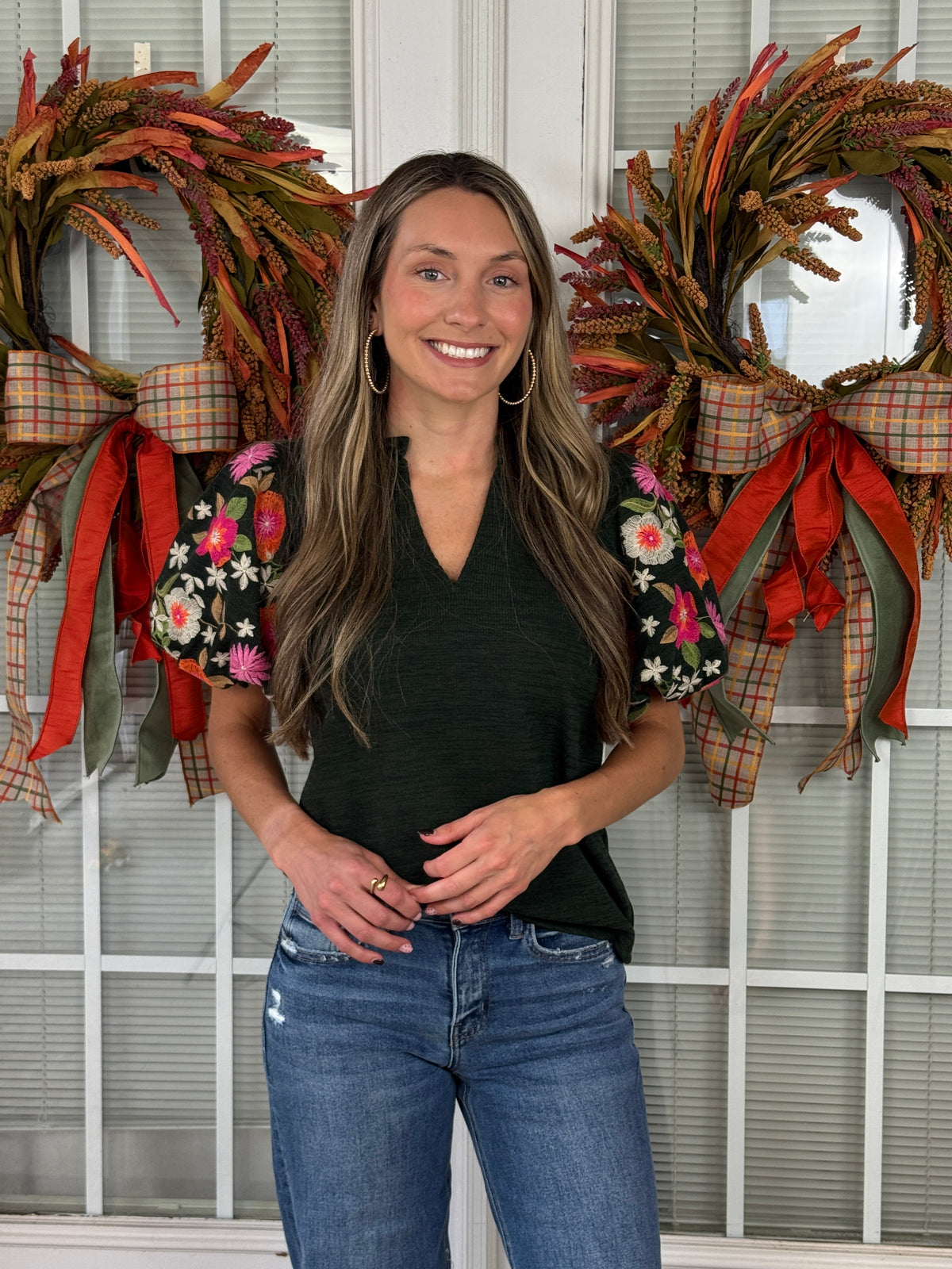 Floral Embroidered Puff Sleeve V-Neck Top - Green