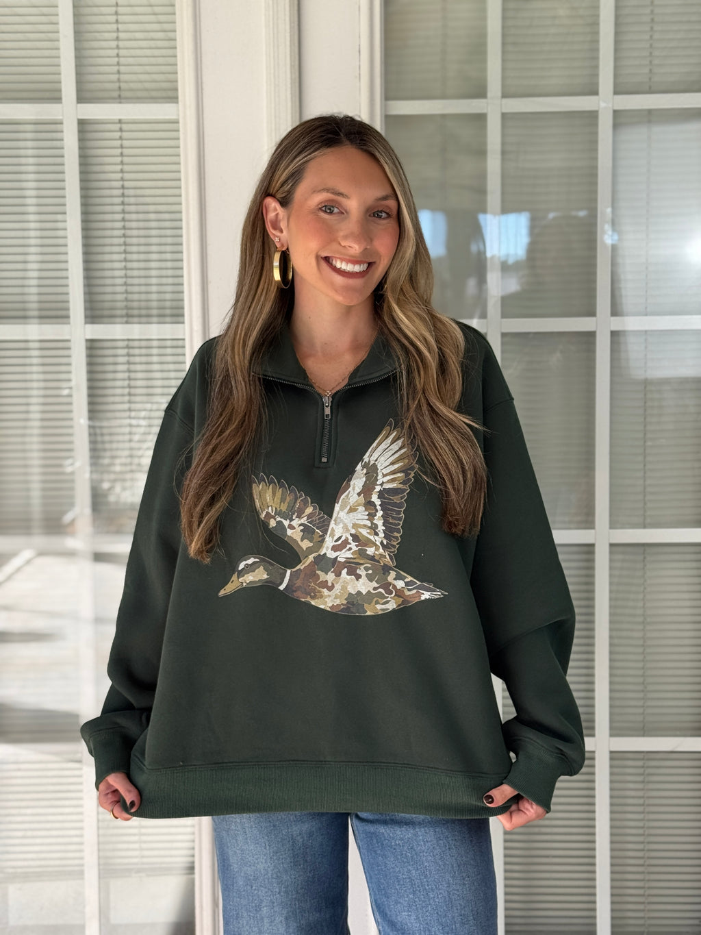 Camo Flying Mallard Print Half-Zip Sweatshirt - Hunter Green