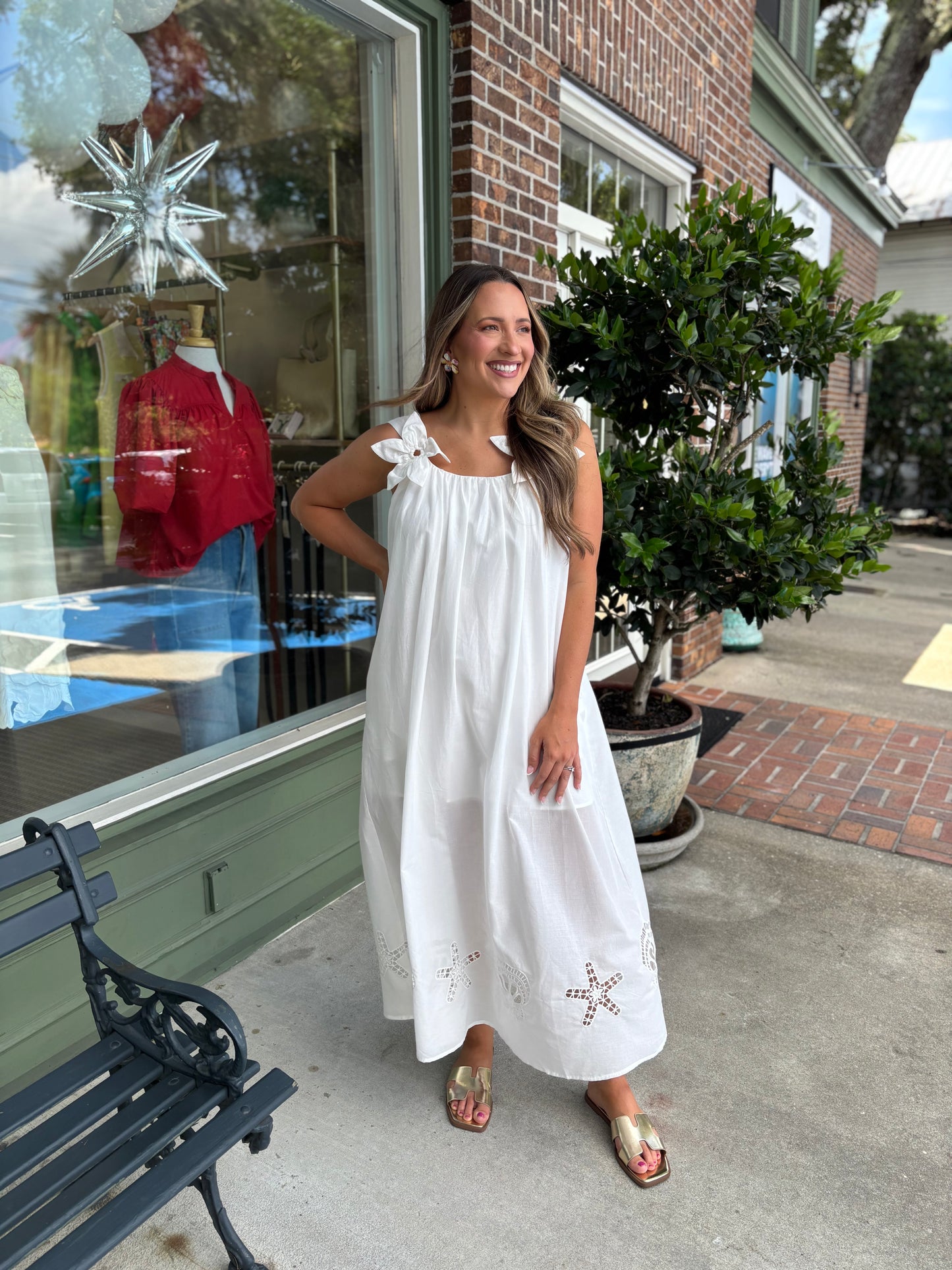 Embroidered Maxi Dress with Floral Shoulder Accents - Off White