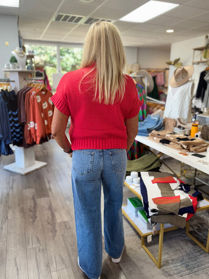 Mock Neck Crochet Bow Sweater - Red